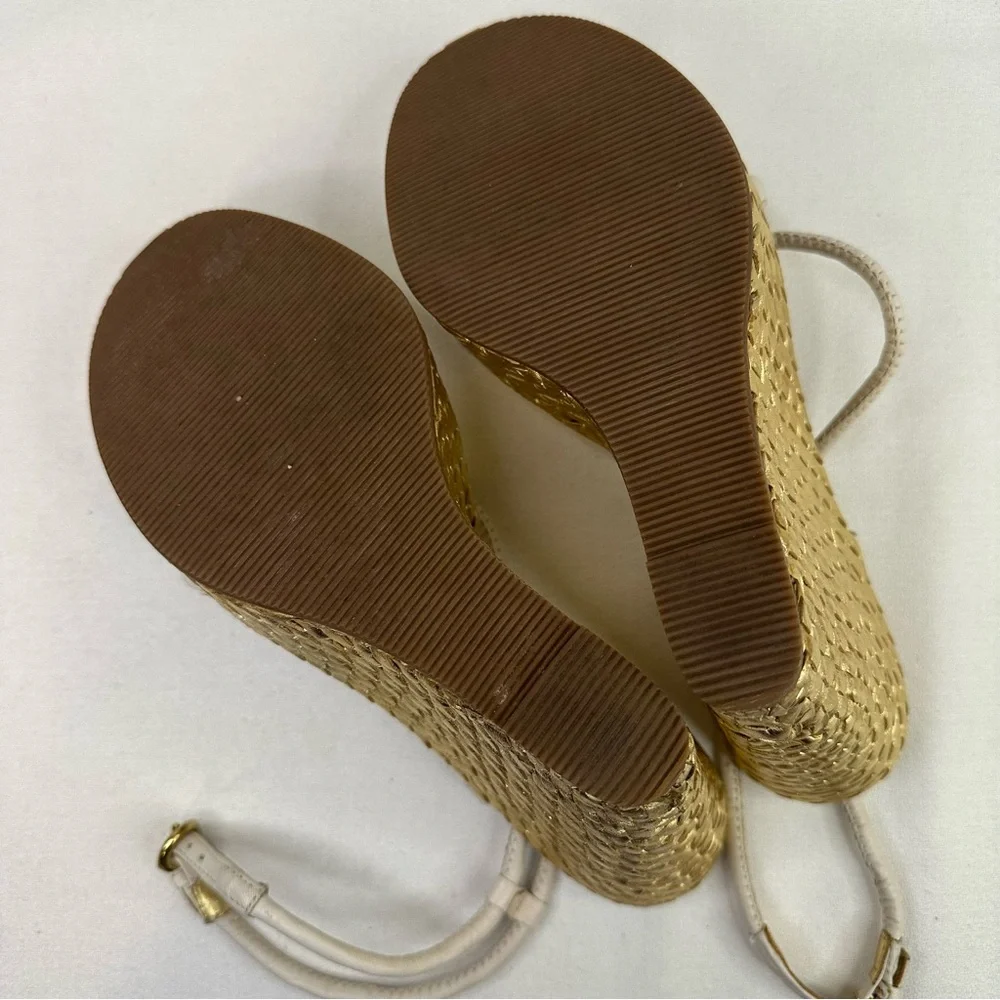 Coach Gold Woven Platform Wedge Sandals Size 8 Cream Leather Strappy